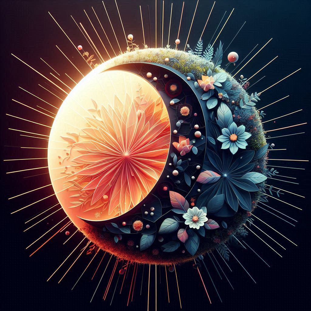 forme 3D abstraite mi-soleil mi-lune, feuillage et fleurs incorporés, émettant de la lumière, fond noir