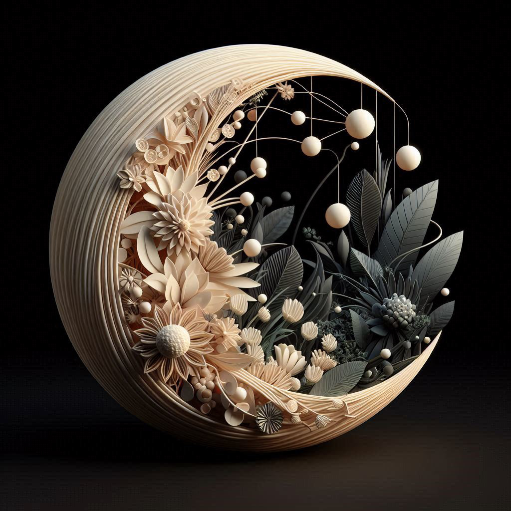 forme 3D abstraite mi-soleil mi-lune, feuillage et fleurs incorporés, émettant de la lumière, fond noir (2)