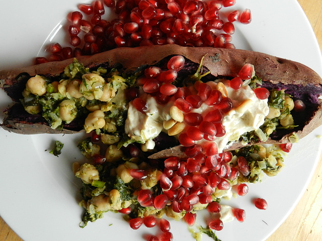 Purple sweet potatoes with chickpeas and tahini yogurt