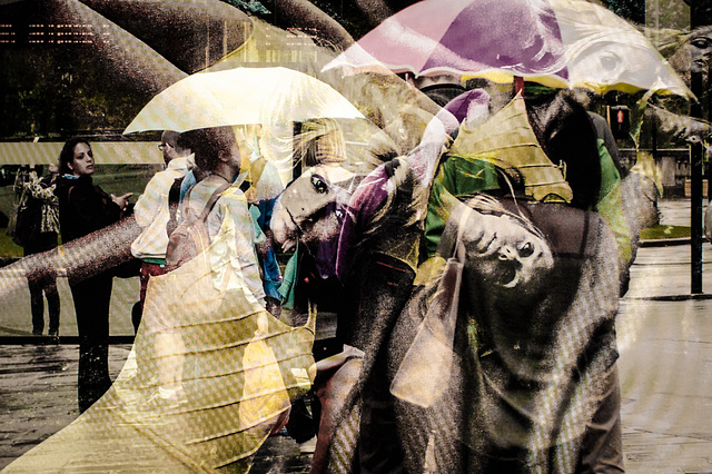 A Double Exposure Involving Bus Queues and Umbrellas