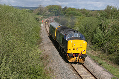 DRS class 37  No.37425 with Directors Saloon Caroline at Seamer Recycle Centre Bridge on 2Z02 York to York via Beverley,Goole & Leeds  14th May 2014