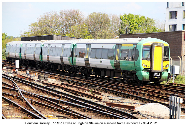 Southern Railway 377 137 arrives from Eastbourne 30 4 2022