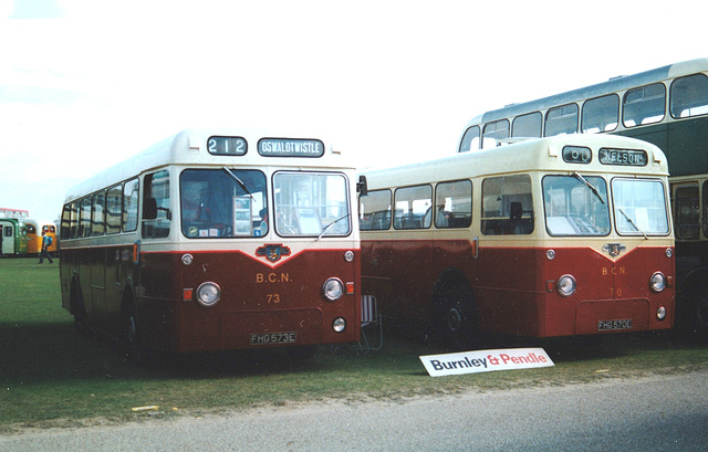 Former Burnley, Colne & Nelson JTC 73 (FHG 573E) and 70 (FHG 570E) at Showbus – 21 Sep 1997 (371-22) Former Burnley, Colne & Nelson JTC 73 (FHG 573E) and 70 (FHG 570E) at Showbus – 21 Sep 1997 (371-22)