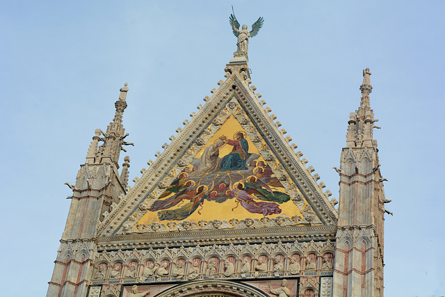 Italy, The Top of the Central Nave Facade of the Duomo di Siena