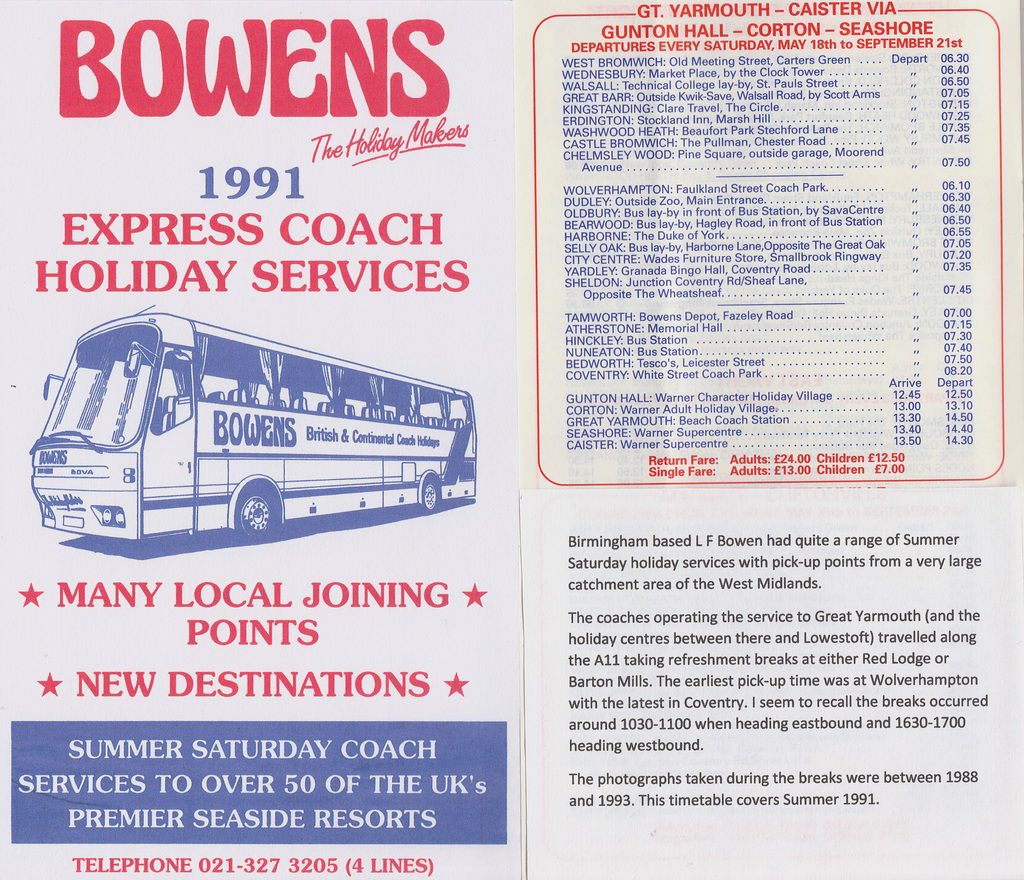 L F Bowen Great Yarmouth holiday service timetable – Summer 1991