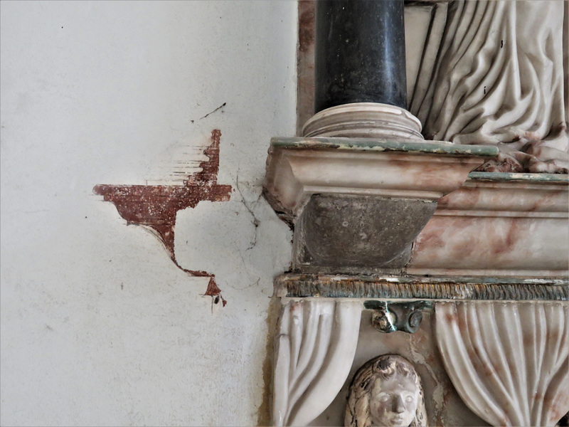 kedleston church derbs ;  c17 tomb of sir john curzon +1686, erected 1664 by richard hall; but why the shadowlike outline painting?