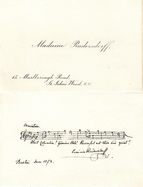 Visiting card Hermine (Erminia) Rudersdorff; musical quotation and autograph