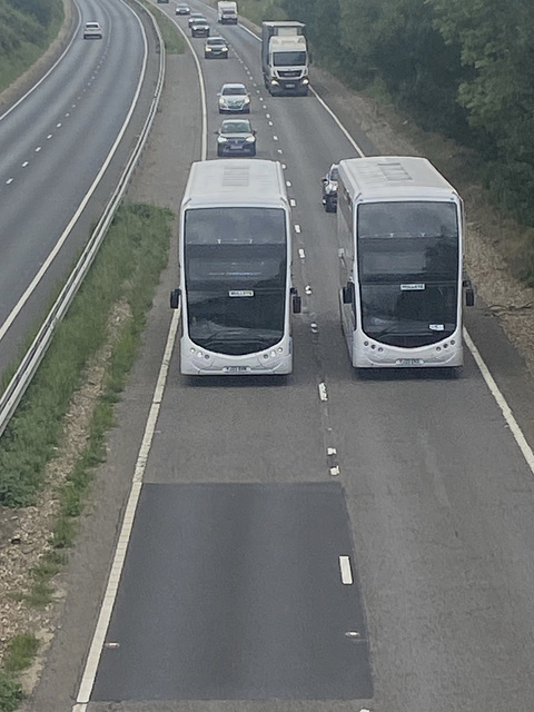 Mulleys Motorways YJ23 EKN and YJ23 EKO on the A14 – 13 Aug 2023 (Photo courtesy of Gavin Starling)