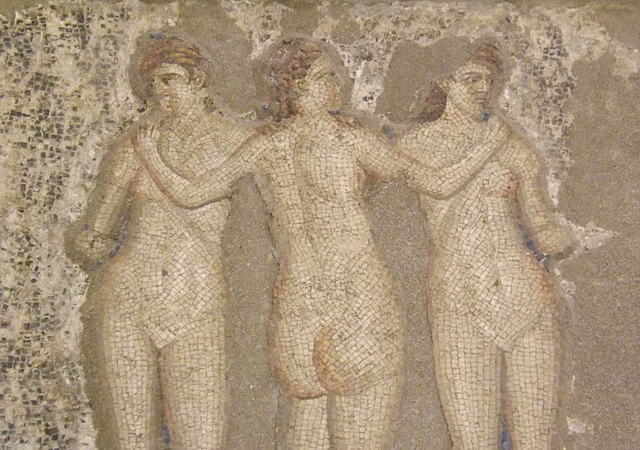 Detail of a Mosaic with the Three Graces from the House of Apollo in Pompeii in the Naples Archaeological Museum, July 2012