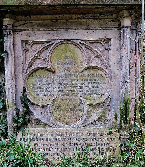 abney park cemetery, london,memorial to samuel robinson, +1833, architect and founder of robinson's retreat for the widows of calvinist ministers. the monument was originally next to his gothic almsho