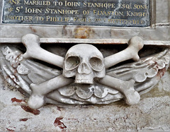 kedleston church derbs ; skull and bones on c17 tomb of sir john curzon +1686, erected 1664 by richard hall
