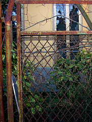 rusty fence, broken glass