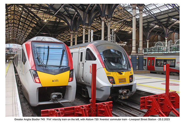 Greater Anglia Stadler 745  ‘Flirt’ intercity train on the left, with Alstom 720 ‘Aventra’ commuter train - Liverpool Street Station - 25 2 2023