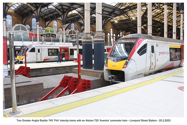 Greater Anglia Stadler 745 ‘Flirt’ intercity trains with an Alstom 720 ‘Aventra’ commuter train - Liverpool Street Station - 25 2 2023