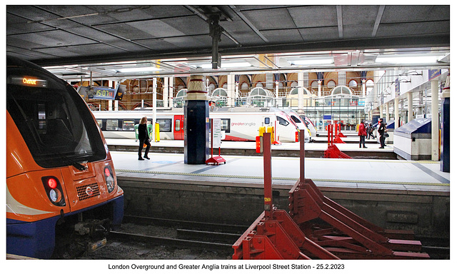 London Overground and Greater Anglia trains at Liverpool Street Station - 25 2 2023