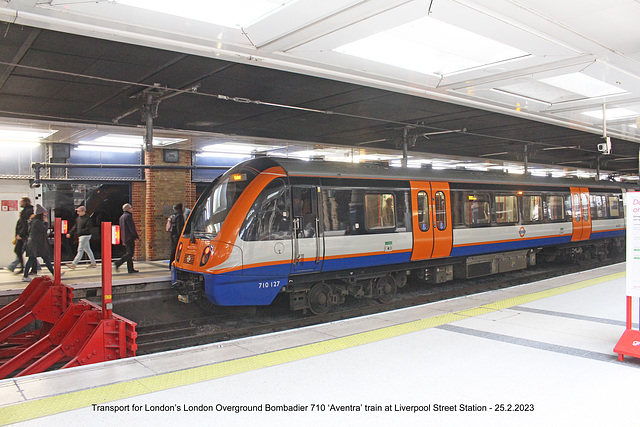 Transport for London’s London Overground Bombadier 710 ‘Aventra’ train at Liverpool Street Station - 25 2 2023