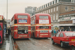 Eastern Counties Omnibus Company VR169 (MCL 944P) and VR308 (PRC 854X) in Norwich – 9 Aug 1993