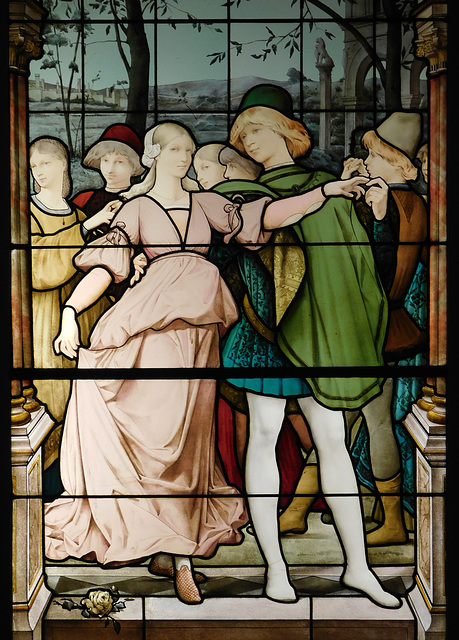 Detail of The Engagement Ball Stained Glass in the Metropolitan Museum, March 2022