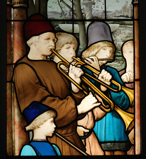 Detail of The Engagement Ball Stained Glass in the Metropolitan Museum, March 2022