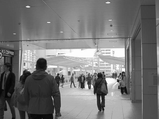 Pedestrians at a railway station