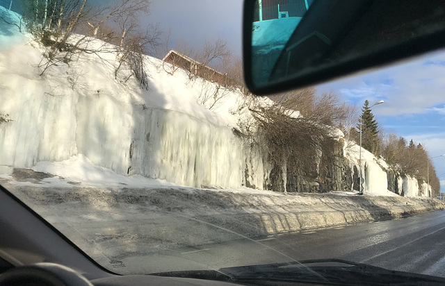 frozen "waterfalls" beside the road