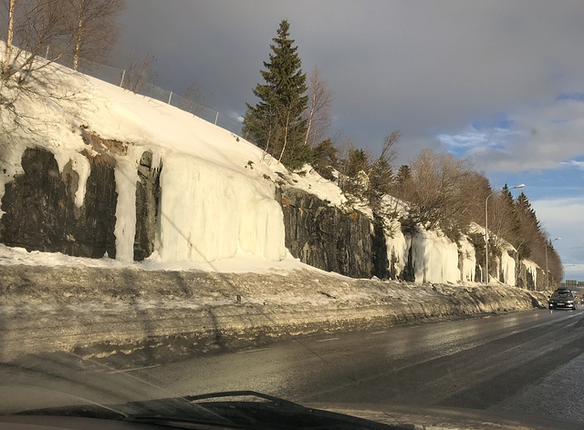 frozen "waterfalls" beside the road
