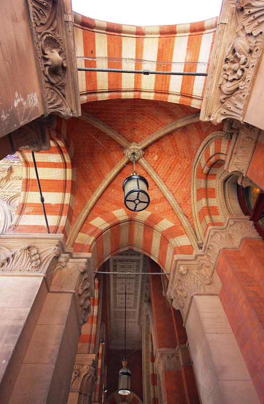Detail of vaulted ceiling to portico on hotel entrance, Saint Pancras Chambers, Euston Road, Camden, London