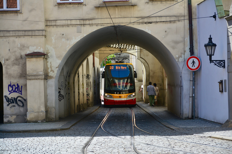 Prague 2019 – DPP Škoda 15T4 9423 going through the gates on Letenská