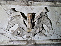 radbourne church, derbs ; hourglass, wings and trumpets on c17 tomb of german pole, erected 1683 by gibbons and quellin