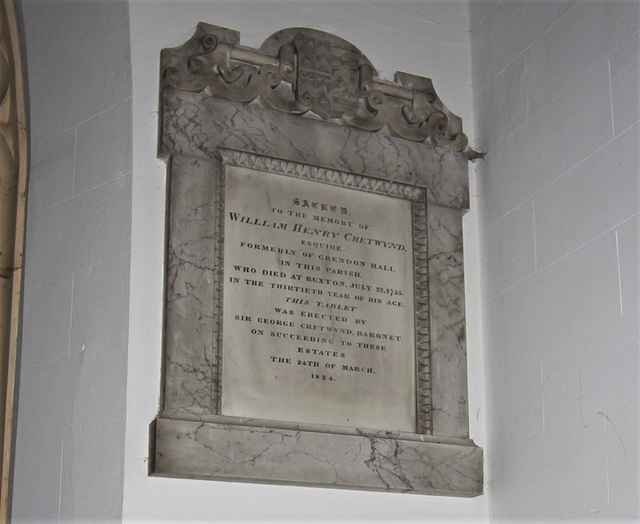 Memorial to William Henry Chetwynd, South Aisle, St Mary's Church, Grendon, Warwickshire