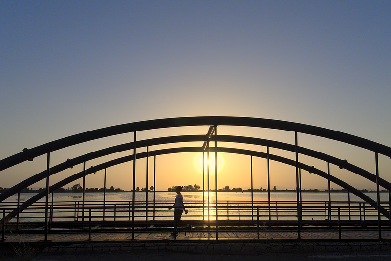 Backlit footbridge