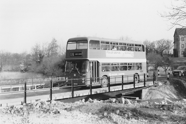 Eastern Counties VR206 (XNG 206S) crossing the temporary bridge in Mildenhall - 19 Mar 1985