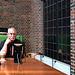 Pat; relaxing at Starbucks, Kresge Courtyard