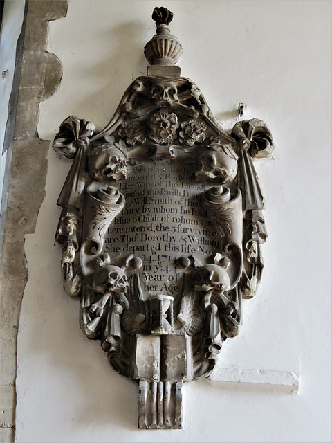 tomb of elizabeth lineall +1714 with skulls and bones and a winged hourglass st peter's church, canterbury, kent   (6)