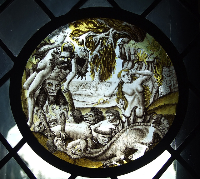 Souls Tormented in Hell Stained Glass Roundel in the Cloisters, October 2010