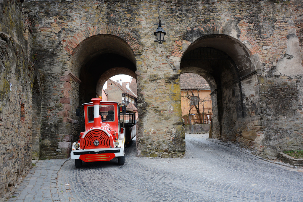 Romania, Sighişoara, Sightseeing Train is Leaving the Fortress