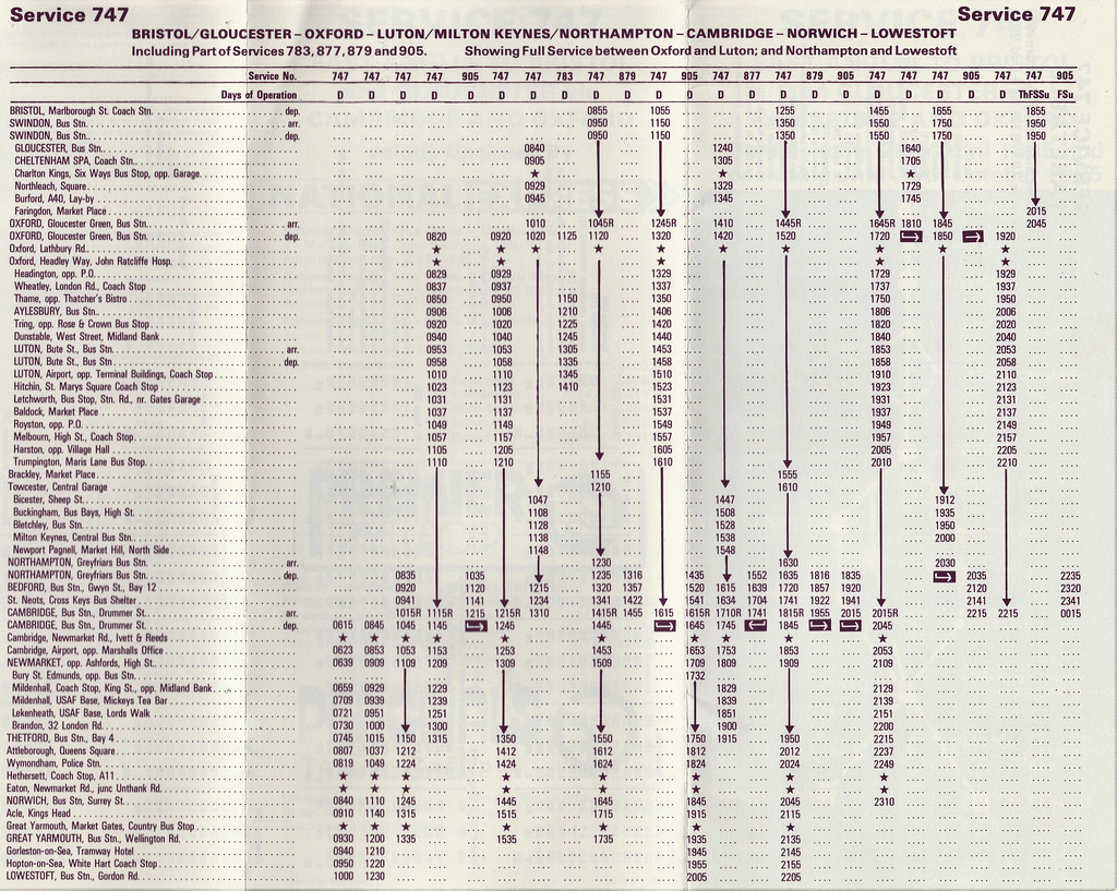 747/2 National Express, Percivals and Premier Travel service 747 Summer 1985 eastbound timetable