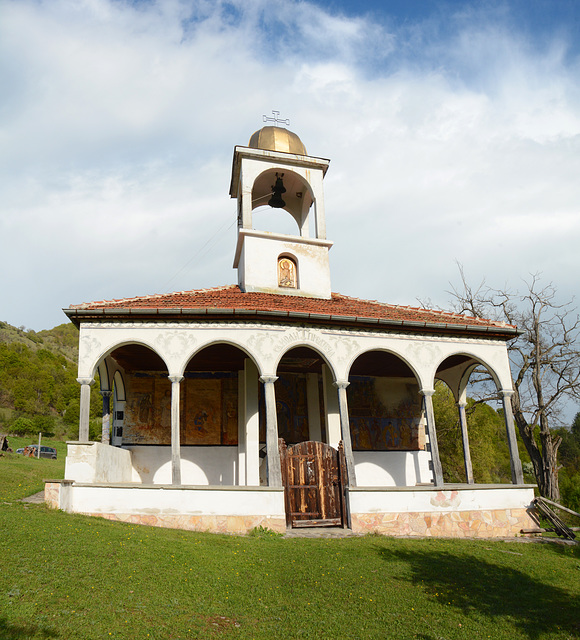 Bulgaria, Rila Mountains, In front of the Church of St. John the Baptist in Bistritsa