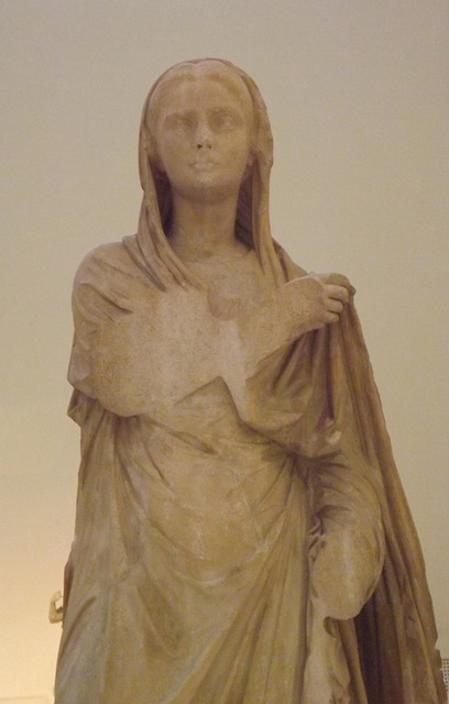 Detail of a Statue of a Young Woman from Thera in the National Archaeological Museum in Athens, May 2014