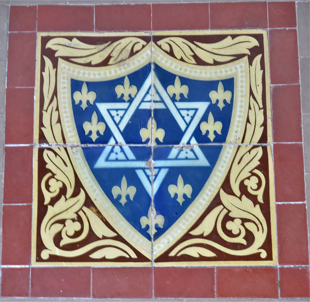 sherford church, devon, c19 tiles with heraldry