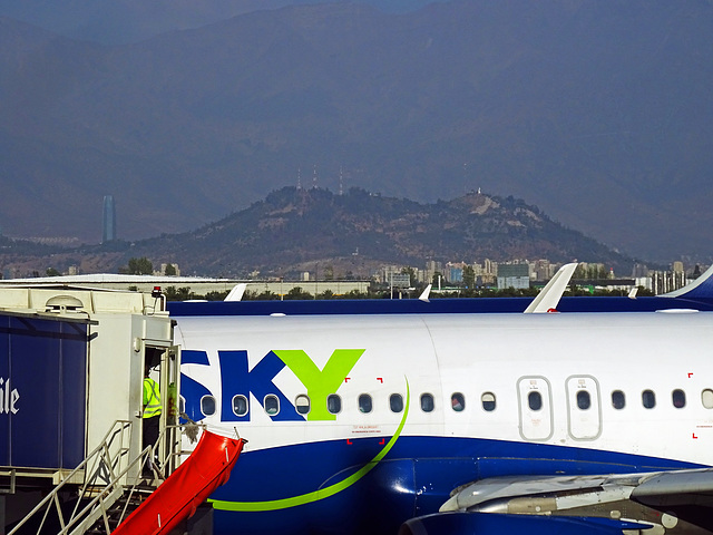 view from Airport Arturo Benitez in Santiago to Hill Saint Cristobal with the virgin on the right top