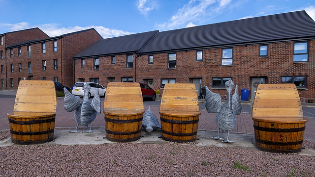 Goose Sculptures and Barrels Seats