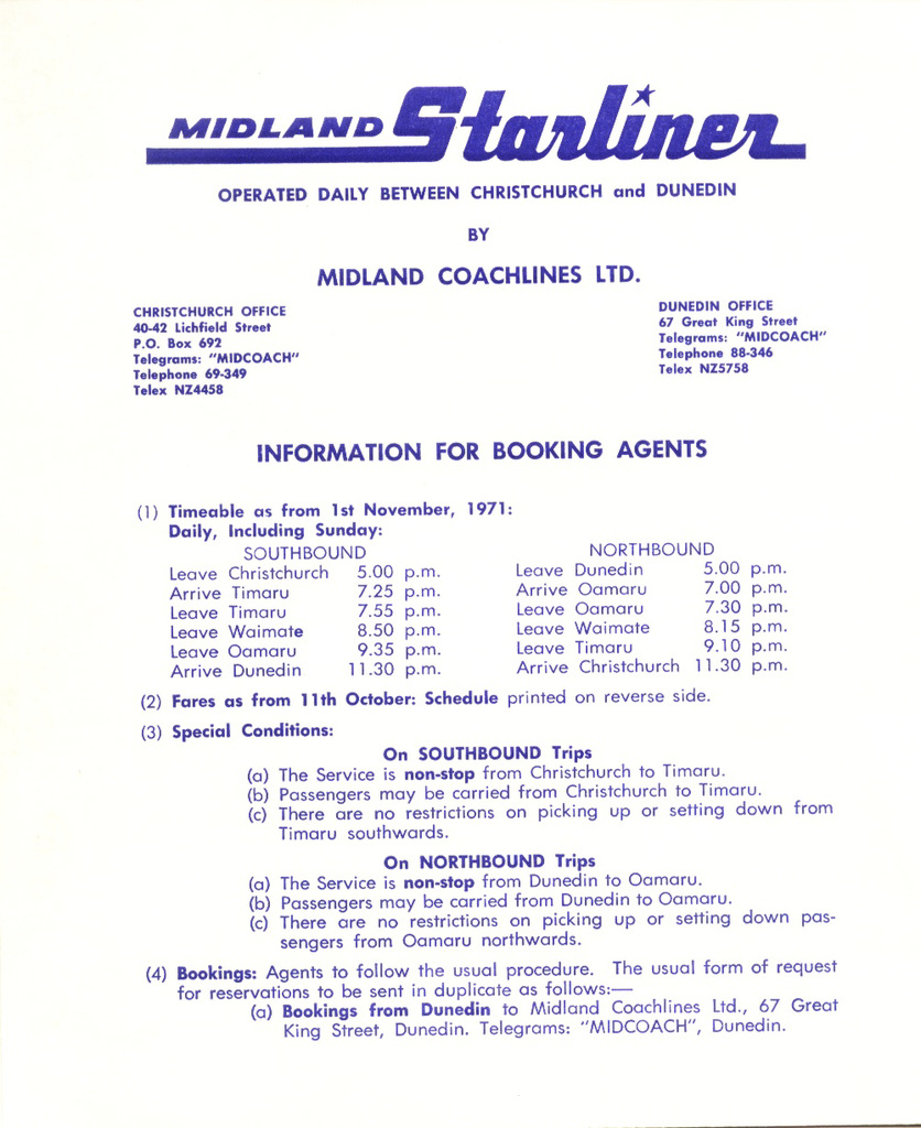 Midland 'Starliner' 1971 timetable (New Zealand) page 1