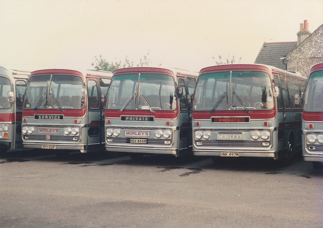 Morley’s Grey Coaches KPV 821P, RGV 466N and UNK 497M at West Row – 12 Sep 1985 (26-23)