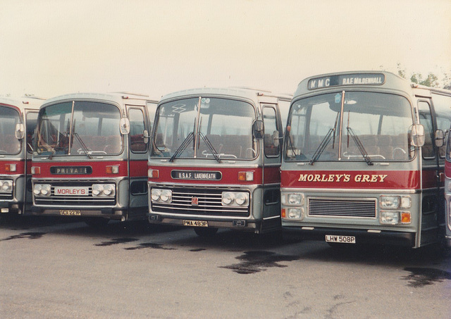 Morley’s Grey Coaches SCX 227P, PMA 483P and Bedford YRT LHW 508P at West Row – 12 Sep 1985 (26-24) Morley’s Grey Coaches SCX 227P, PMA 483P and Bedford YRT LHW 508P at West Row – 12 Sep 1985 (26-24)