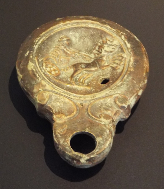 Lamp with Racing Biga in the Archaeological Museum of Madrid, October 2022