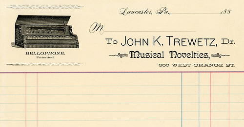 John K. Trewetz Billhead, Musical Novelties, Lancaster, Pa., 1880s