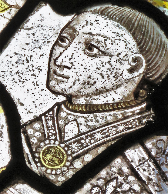 waterperry church, oxon,glass with robert fitz-ellis donor figure, c.1461-9 . note the yorkist livery collar, but with pendant white hart