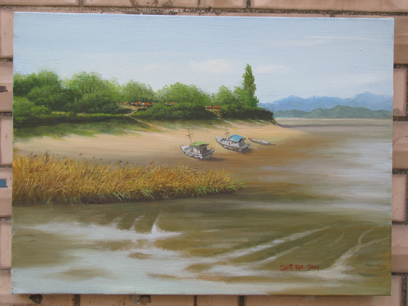 Seaside Scene of a Fishing Village/ Marborda Pejzagxo de Fisxado-vilagxo=바닷가 어촌 풍경_oil on canvas_38x45.5cm(8p)_2014_Song Ho