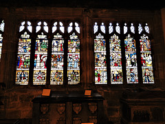 morley church, derbs; reused cloister windows and glass of 1470 from dale abbey showing scenes of st robert of knaresborough and st helen